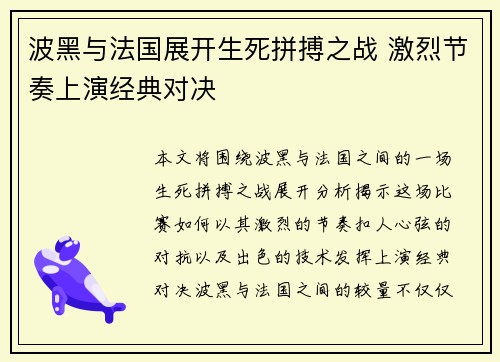 波黑与法国展开生死拼搏之战 激烈节奏上演经典对决