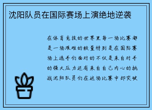 沈阳队员在国际赛场上演绝地逆袭